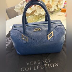 Versace Collection Vitello Handbag Blue Leather with Shoulder Strap and Dust Bag